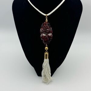 Vintage Carved Stone Rose Pendant Necklace with Tassel – Gold Tone & Cream Cord